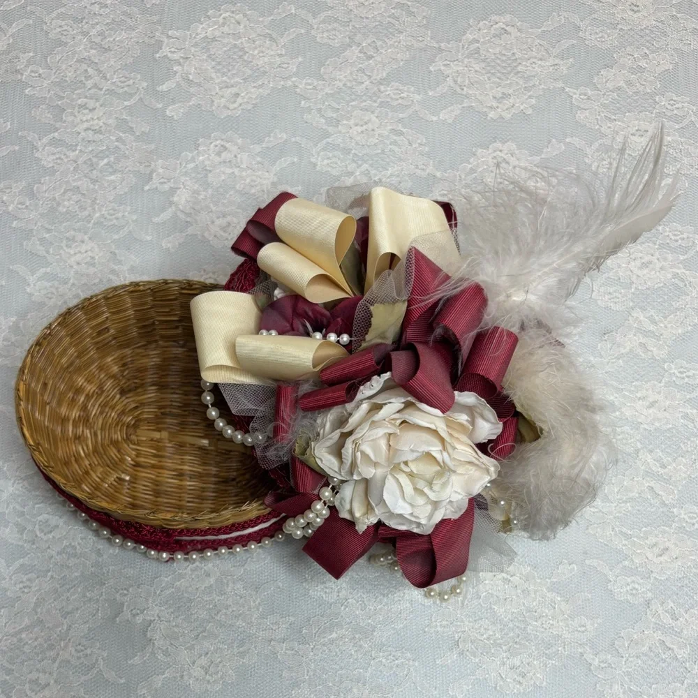 Victorian Lovers Box Handcrafted Woven Wicker Trinket Box Silk Satin Lace Pearls